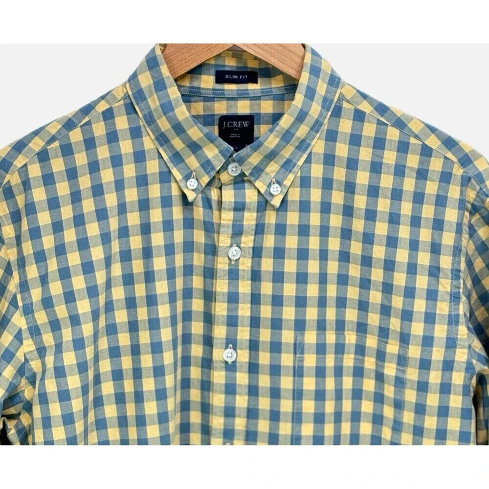 J. Crew Button Down Shirt Mens L Slim Fit Yellow Blue Check Plaid Long Sleeve